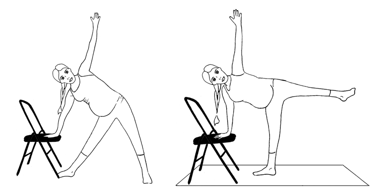 Illustrations of prenatal Triangle Pose and Half Moon Pose using a chair under the supporting hand