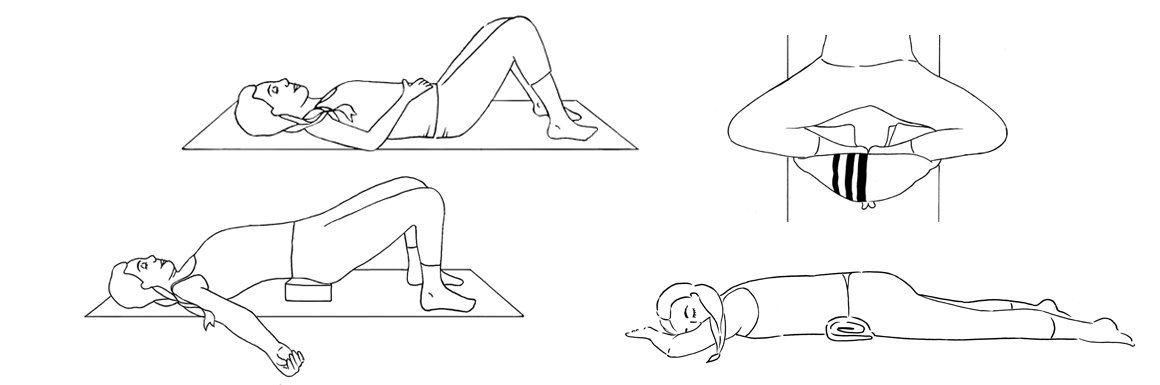 Black and white line illustrations of Constructive Rest, Bridge on a block, Supta Baddha Konasana with blanket over feet and under lower legs for support, and Crocodile Pose with rolled blanket under hips
