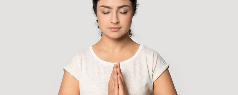 Mindful,Calm,Indian,Ethnicity,Female,Prayer,Joined,Hands,,Sincerely,Asking